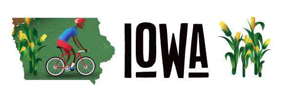 An illustration of Iowa with a cyclist and cornstalks.