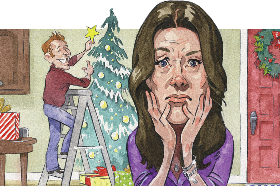 An illustration of a stressed looking woman in the foreground, and a man putting a star on a Christmas tree in the background.