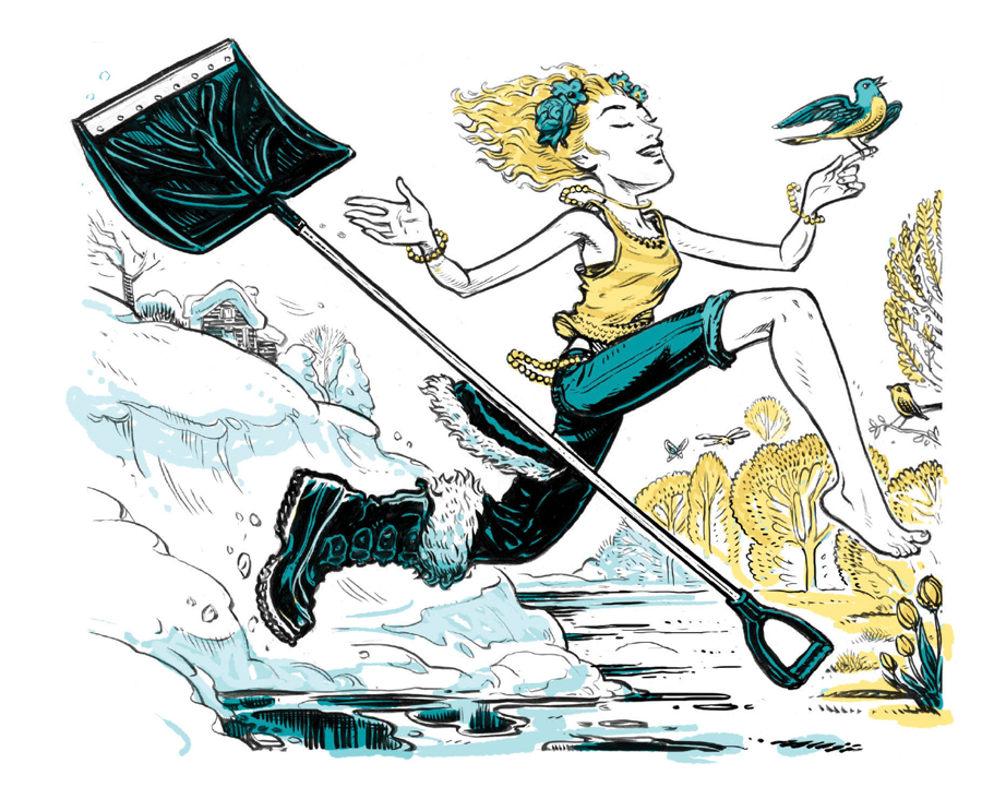 An illustration of winter transitioning to spring, and a girl transitioning from shoveling to running.