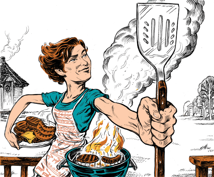 An illustration of a women holding a spatula over a smoking grill.