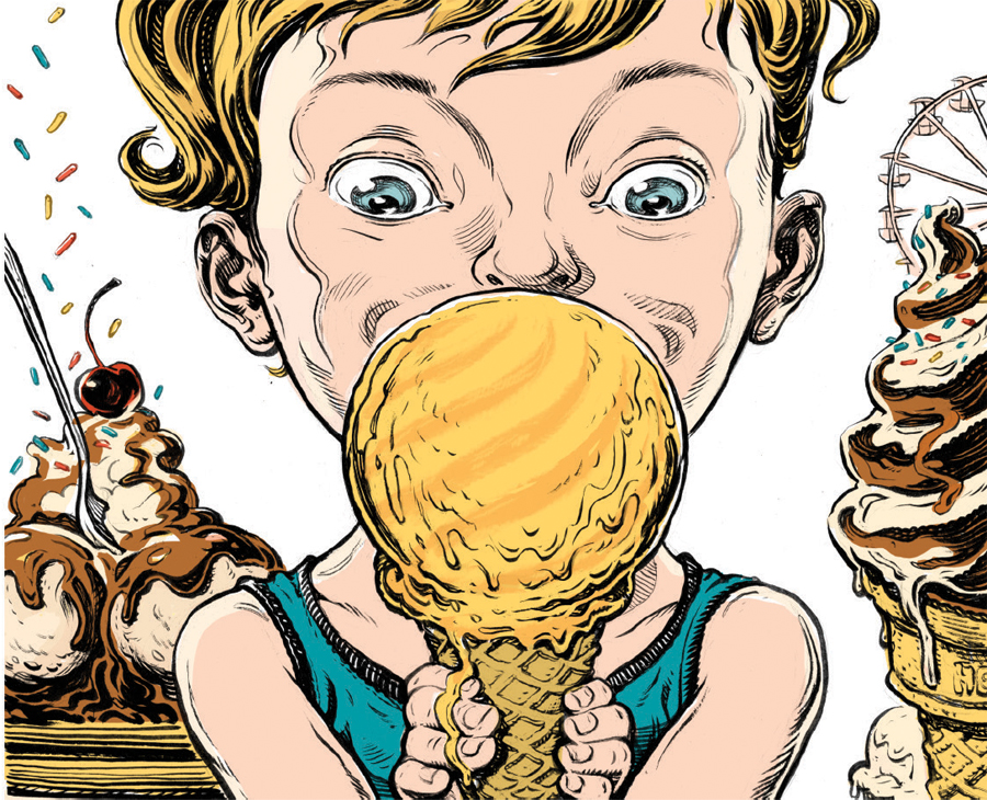 An illustration of a girl eating an ice cream cone.