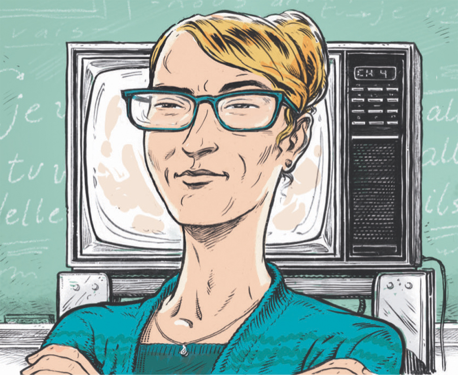 An illustration of a female teacher in front of a chalkboard and TV stand.