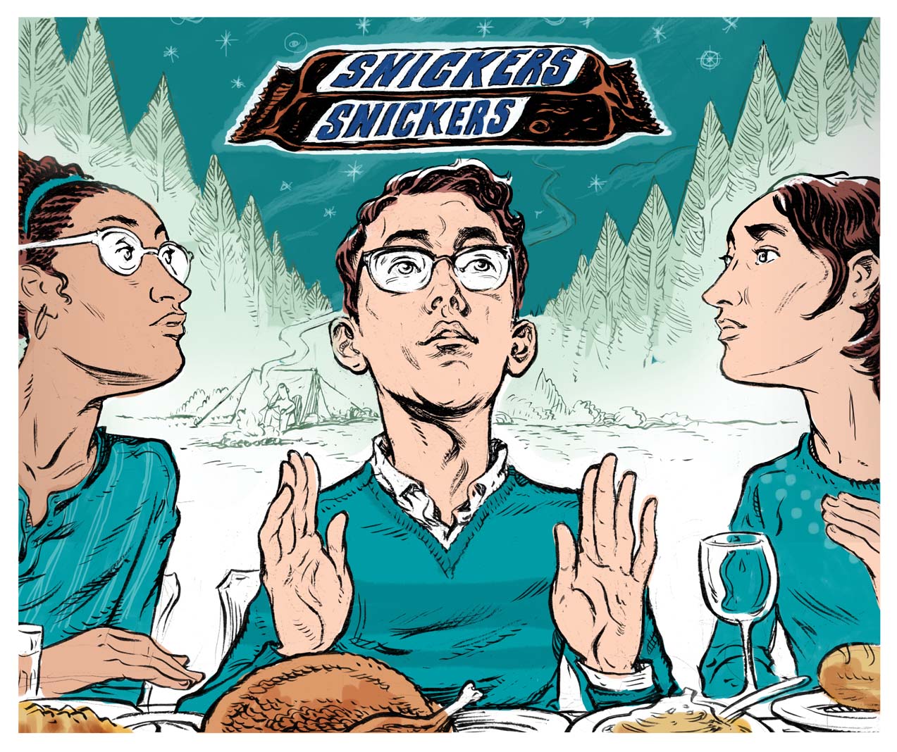 An illustration of three people having a heated discussion during Thanksgiving.