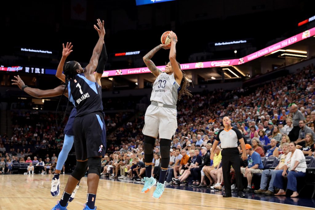 Seimone Augustus #33 of the Minnesota Lynx shoots the ball during the game against the Atlanta Dream on August 5, 2018 at Target Center.
