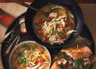 Hearty Slow Cooker Chicken Soup, Plus Sandwiches Chicken, Rosemary and Farro Soup and Chicken, Olive and Red Pepper Sandwiches