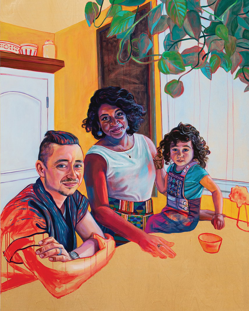 "Nicole and Seth and their daughter (and daughter to be), in the kitchen" by Leslie Barlow