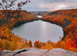 Superior hiking trail in Minnesota fall overlooking Bean and Bear Lakes