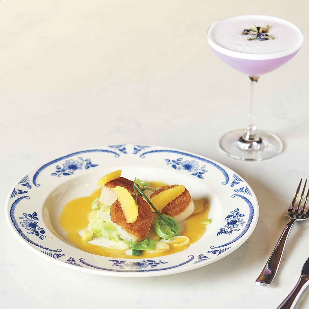 Scallops with orange sauce and the As You Wish cocktail