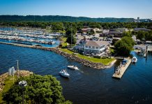 aerial view of lighthouse and marina on the Mississippi River, in Lake City