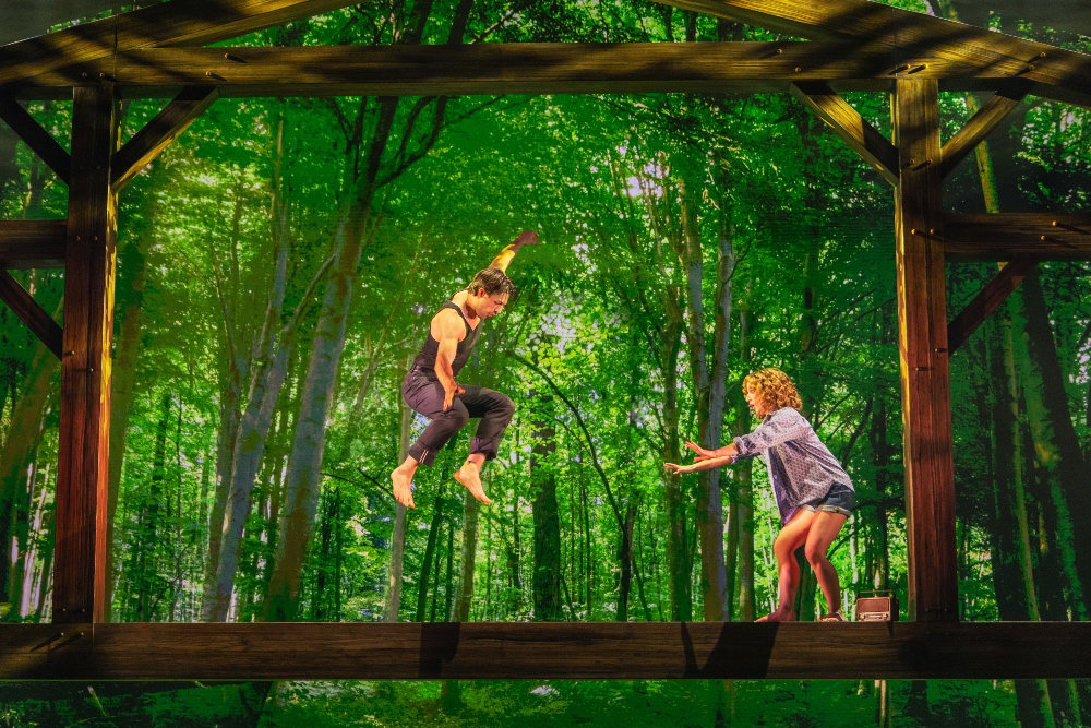 Baby and Johnny on a beam in the woods
